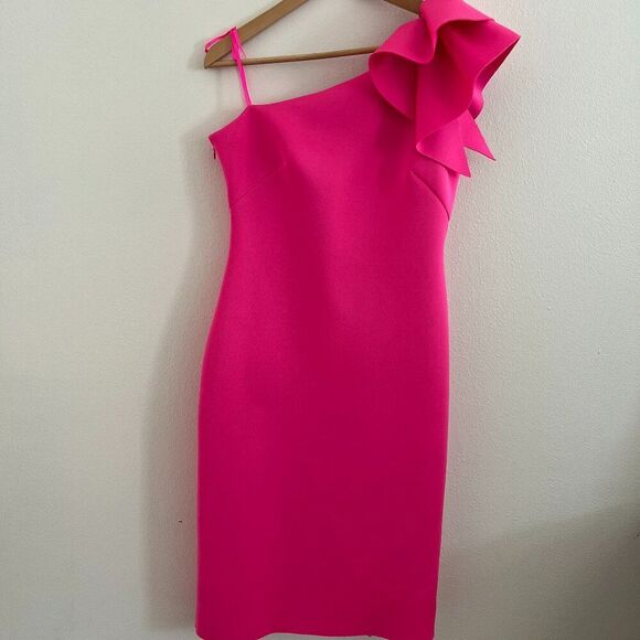 Eliza J. One-Shoulder Scuba Crepe Cocktail Dress in Hot Pink - Picture 2 of 8